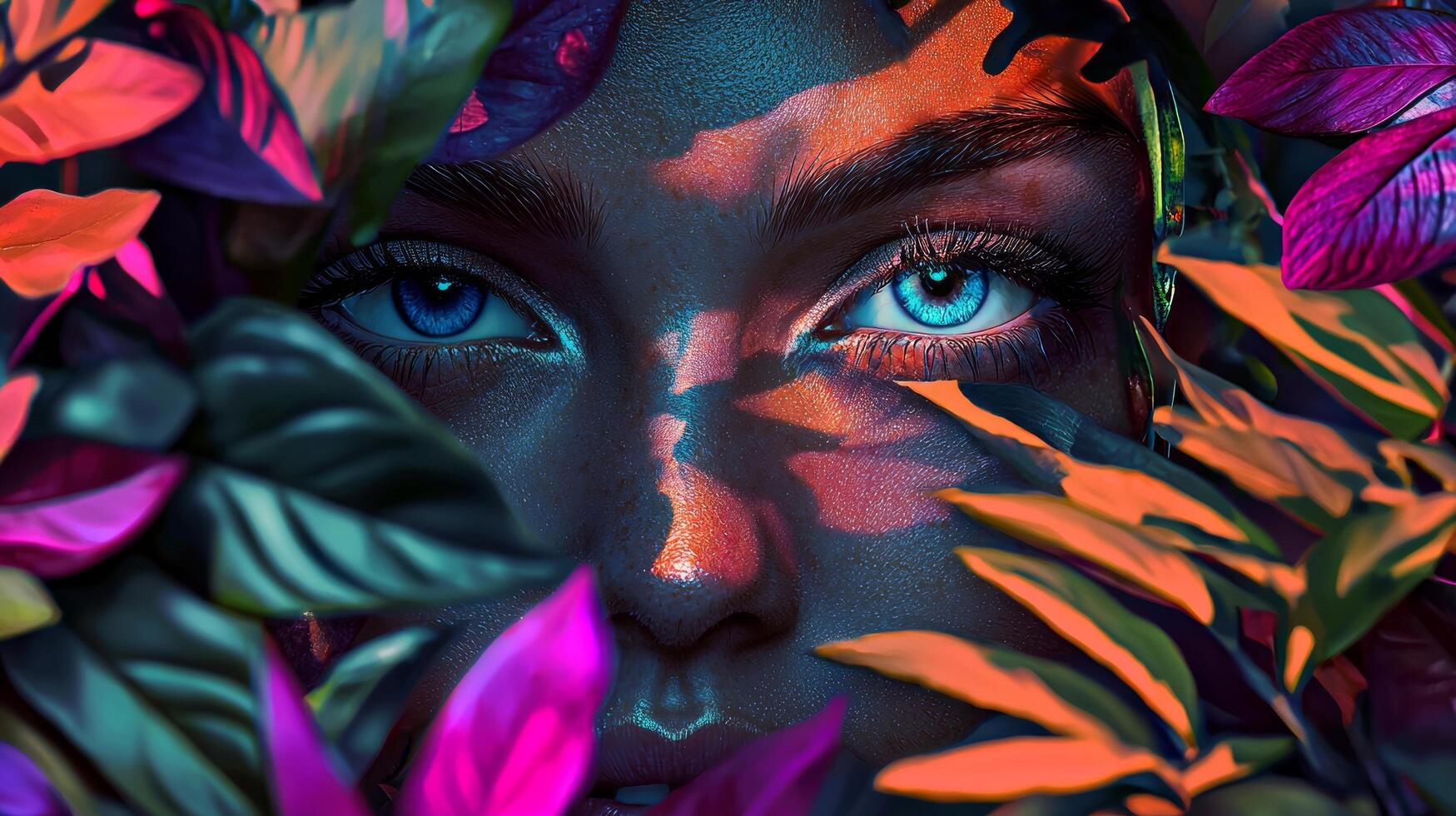 A woman with blue eyes surrounded by colorful plants photo