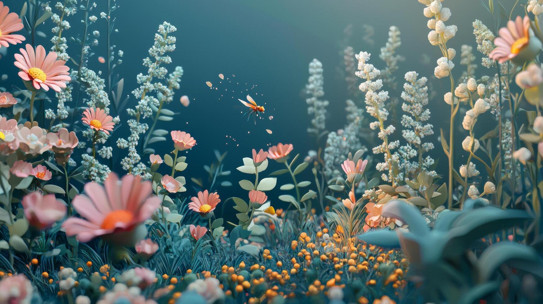 A field of flowers with butterflies flying over it photo