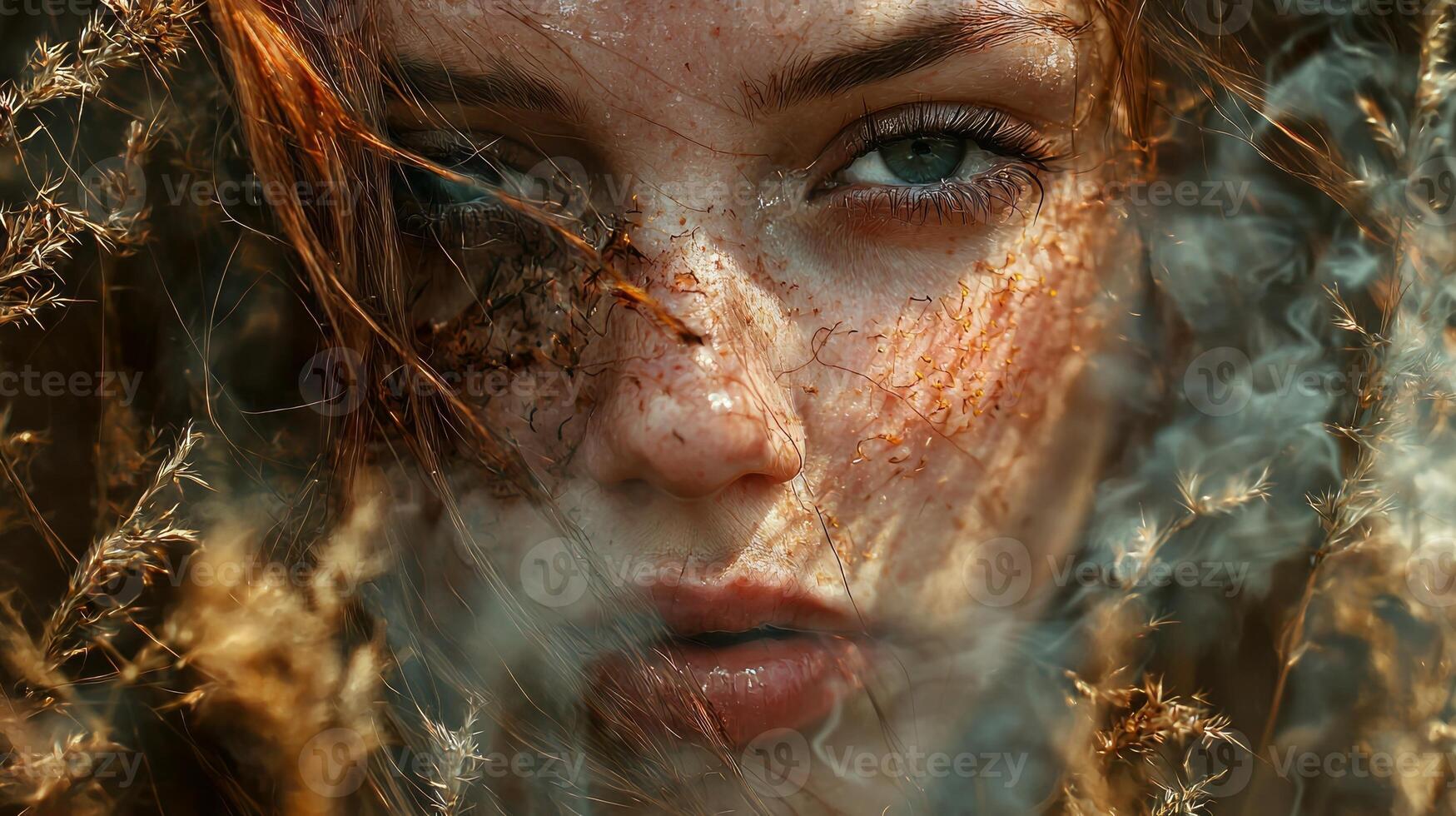 A woman with freckles and smoke is in the grass photo