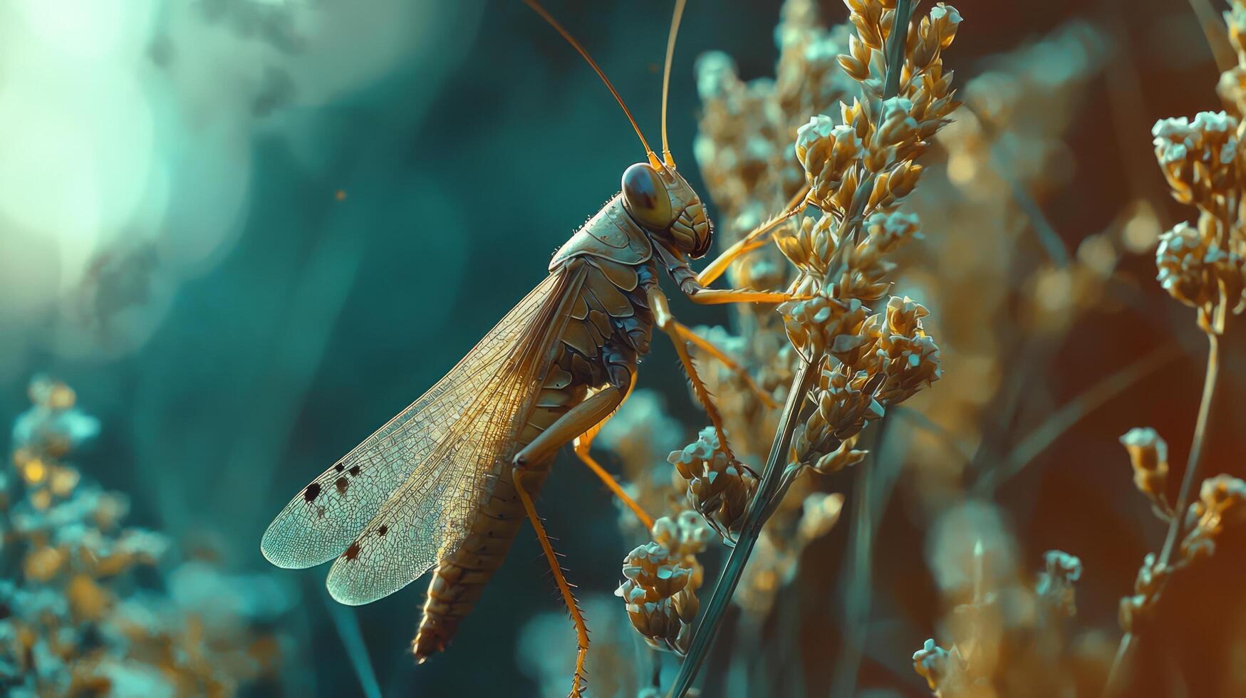 A grasshopper is sitting on some grass photo