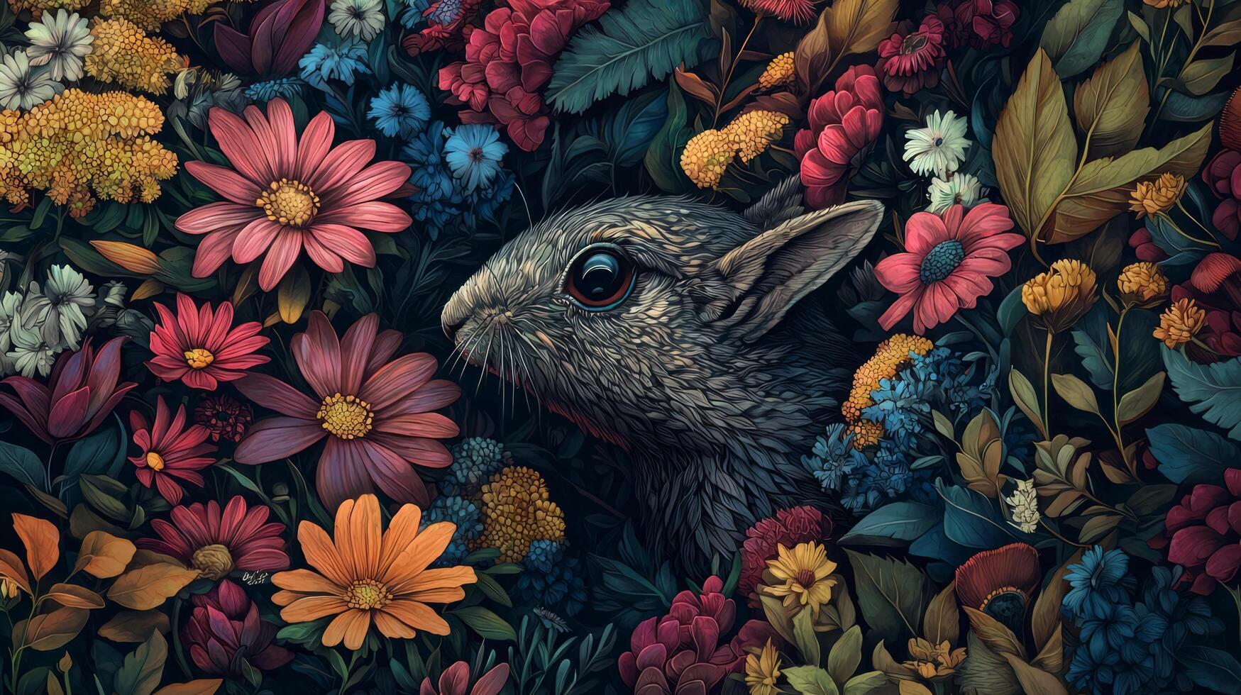 A rabbit in a field of flowers photo