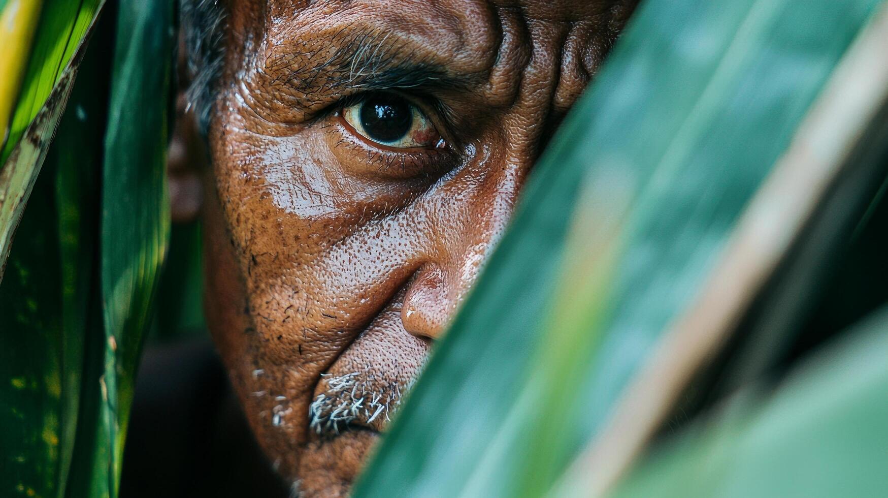 A man peeking out from behind a leaf photo