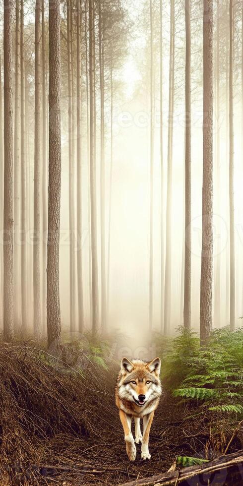 Fox walking through a misty forest path at dawn photo