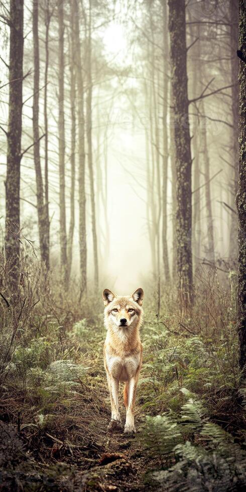 Wild wolf walking on a misty forest path at dawn photo