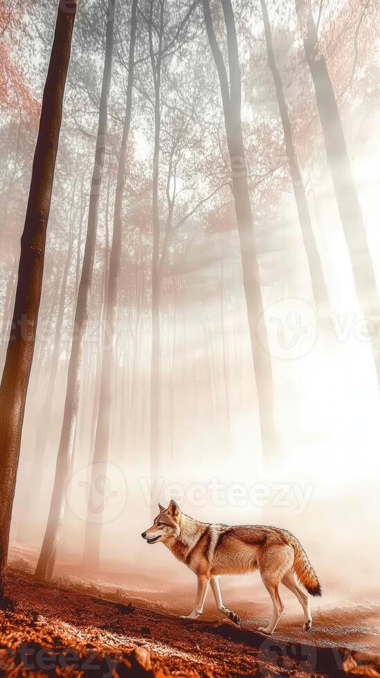 Wolf walking through misty forest at dawn photo