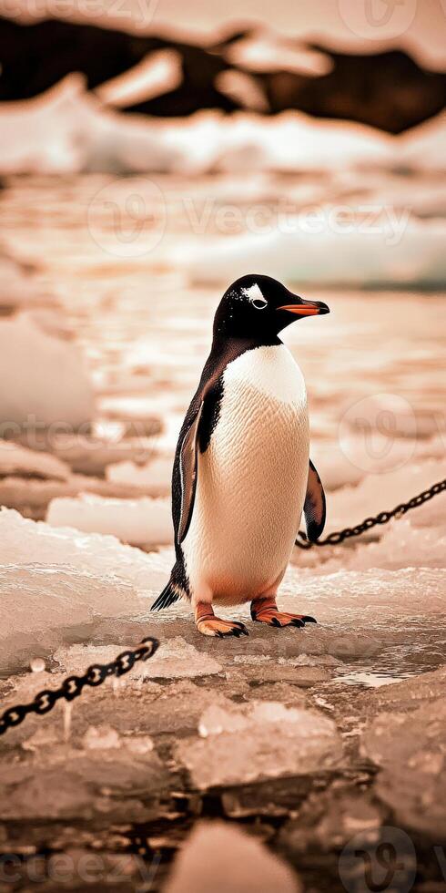 Gentoo penguin standing on the ice near the ocean at sunset photo