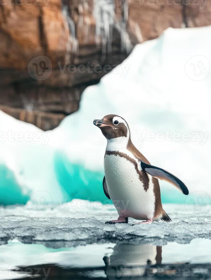 Penguin standing on ice in a glacial landscape photo