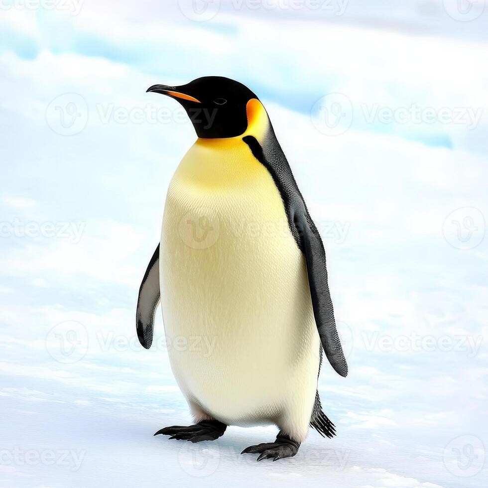 Emperor penguin standing on ice in a snowy environment photo