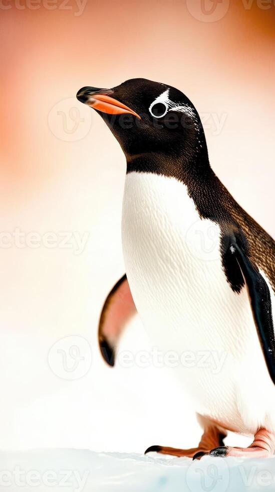 Gentoo penguin standing against a soft blurred background photo