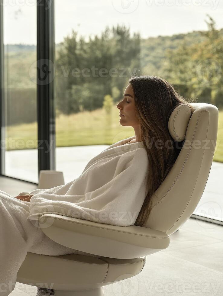 A woman in a robe sitting in a chair photo