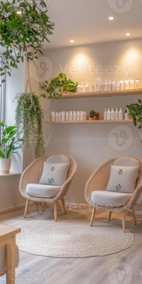 A spa room with white walls and wooden floors photo