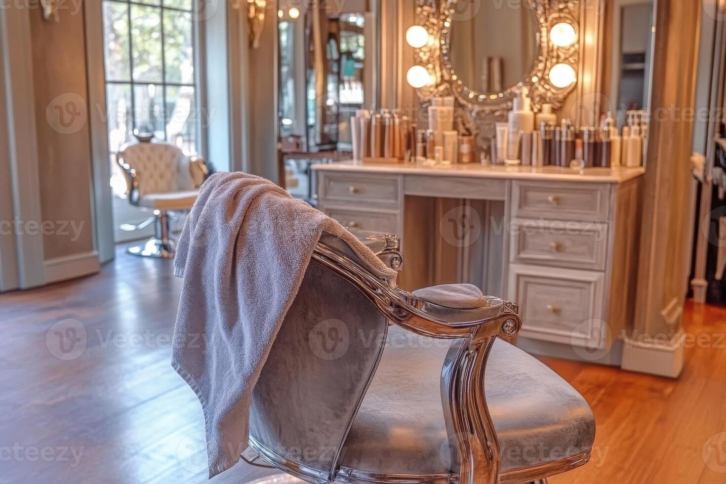 Microfiber towel draped on salon chair in elegant beauty space photo