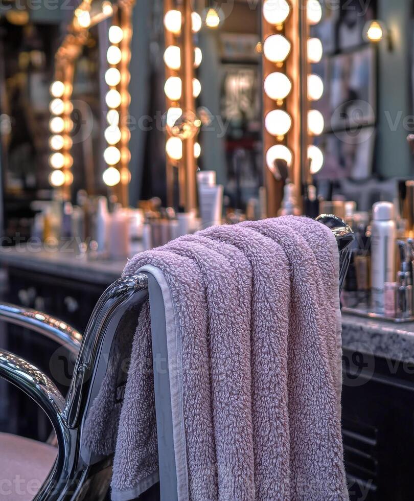 Soft microfiber towel hanging on a salon chair near bright mirrors photo