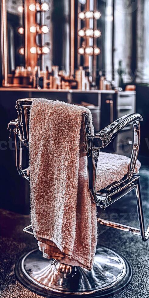 Microfiber towel draped over a stylish barber chair in a salon photo