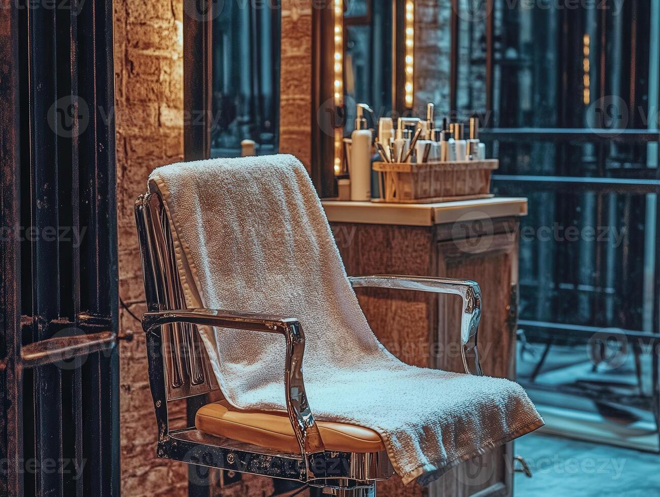 Microfiber towel draped on a salon chair for grooming activities photo