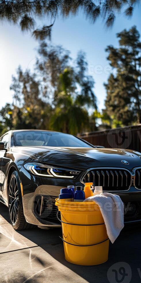 Microfiber towel rests on a bucket near a car in sunny setting photo