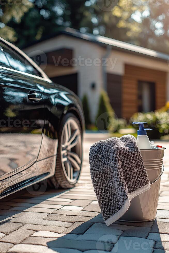 Microfiber towel draped over bucket during car cleaning process photo