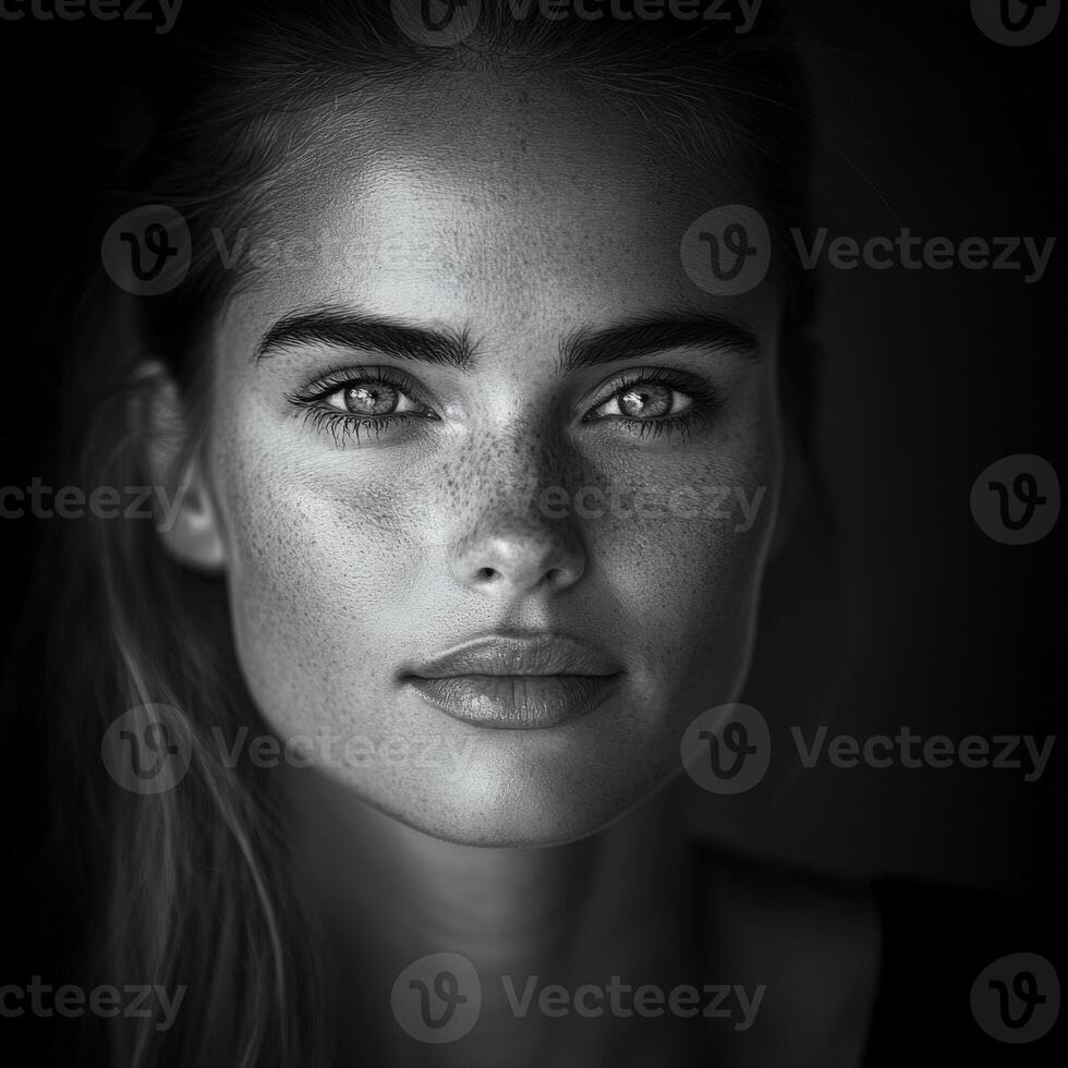 Captivating close-up of a young woman with striking features photo