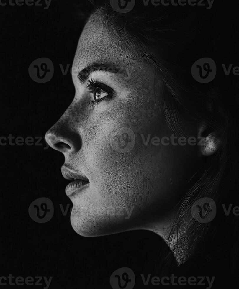 Portrait of a woman with freckles against a dark background photo