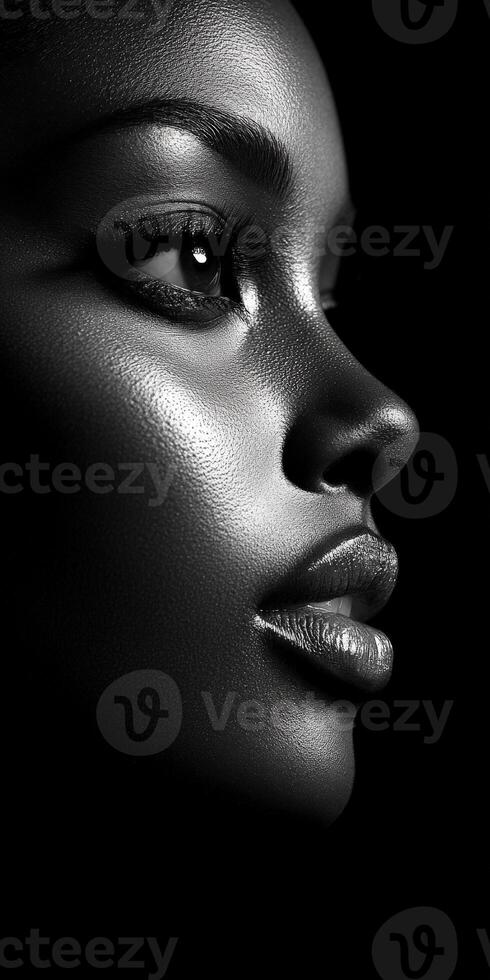 Captivating profile of a woman in black and white lighting photo