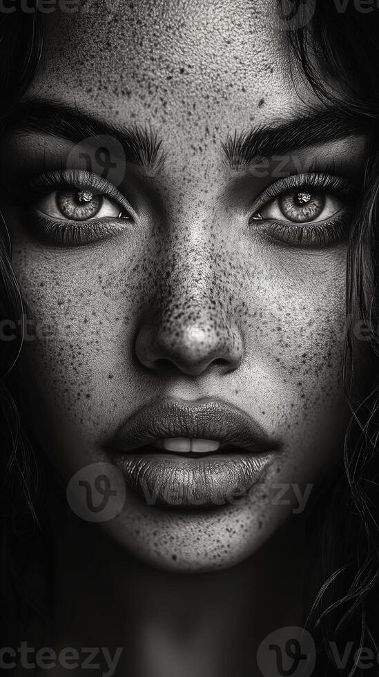 Portrait of a woman with striking freckles and expressive eyes photo