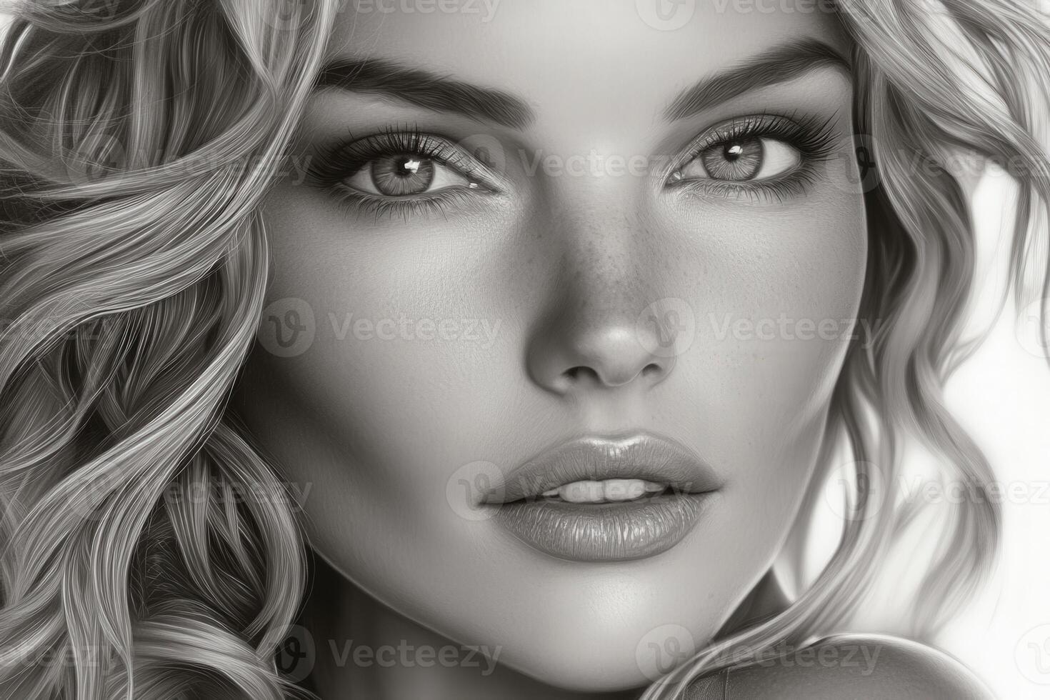 Stunning black and white portrait of a woman with curly hair photo