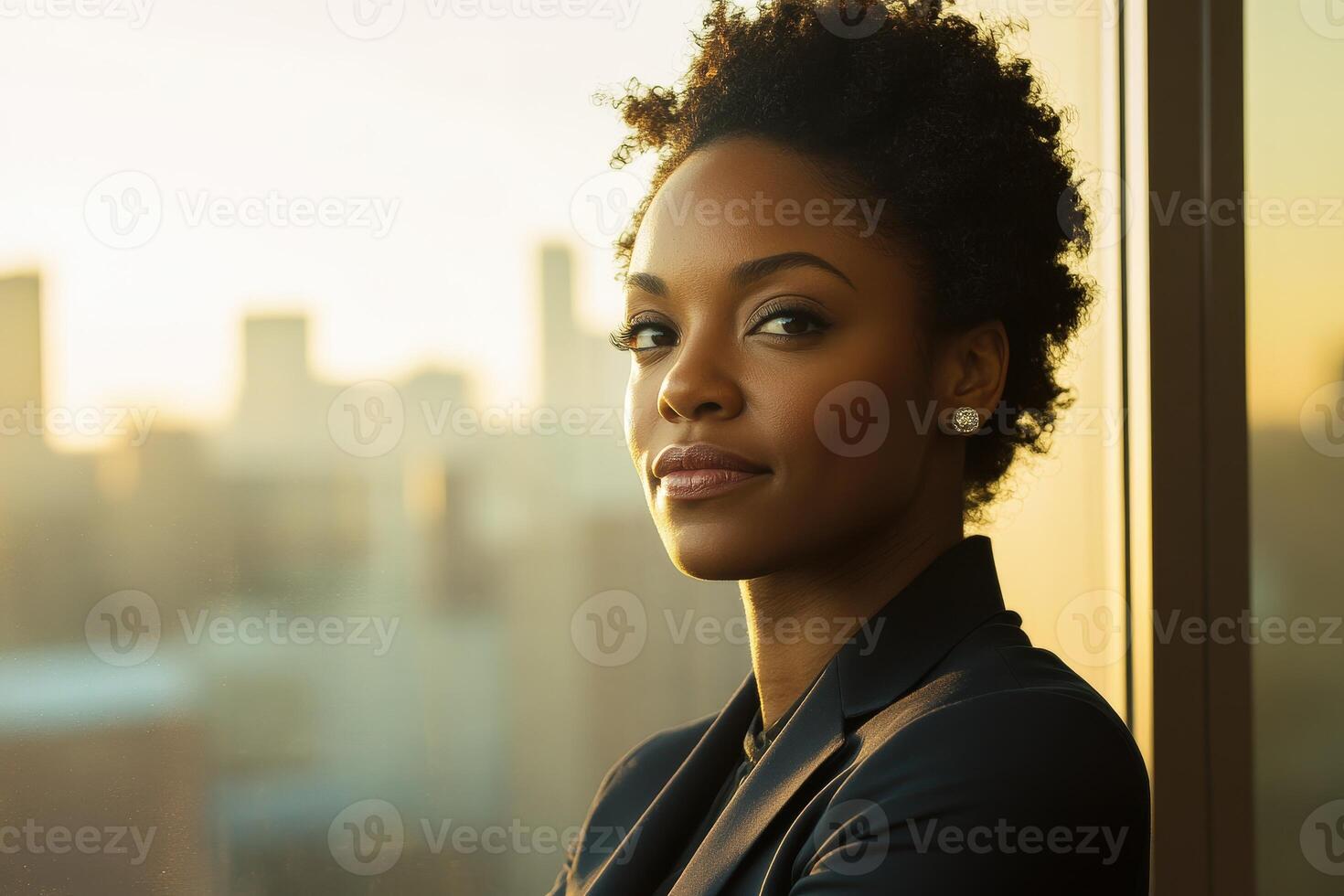 A woman in a business suit looking out a window photo