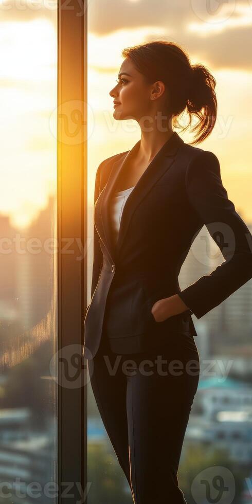 Business woman standing in front of window with city view photo
