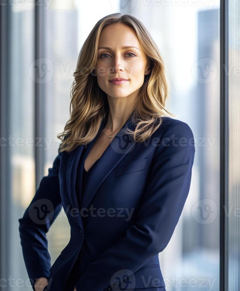A woman in a blue suit standing in front of a window photo