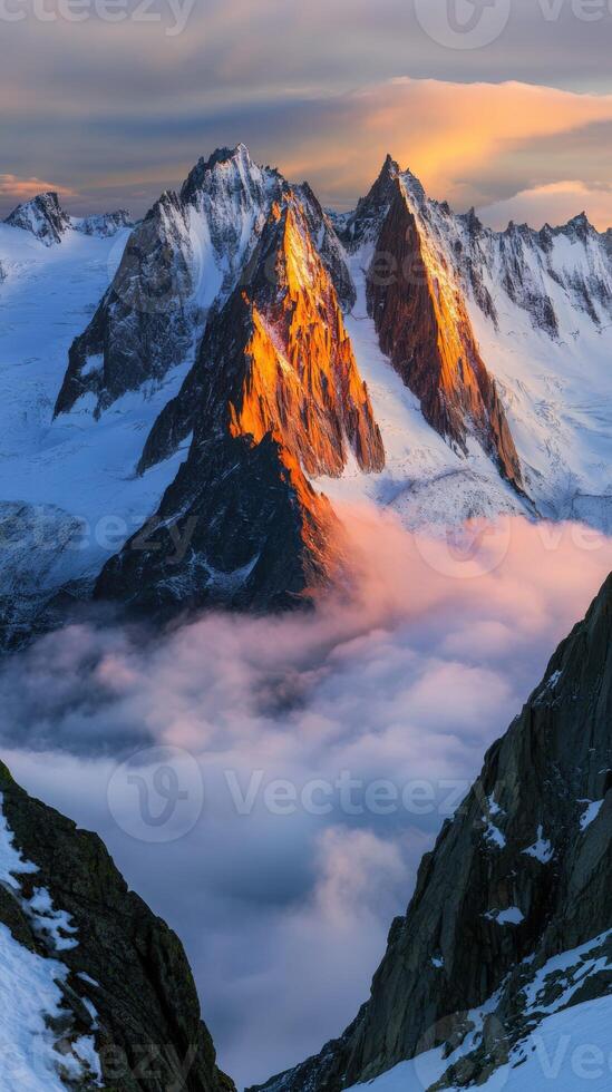 Jagged mountain peaks bathed in golden sunset light photo