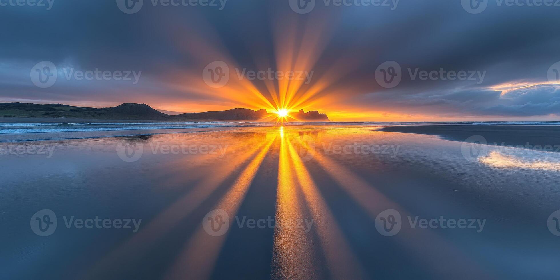 Golden sunlight breaks through clouds at the beach photo