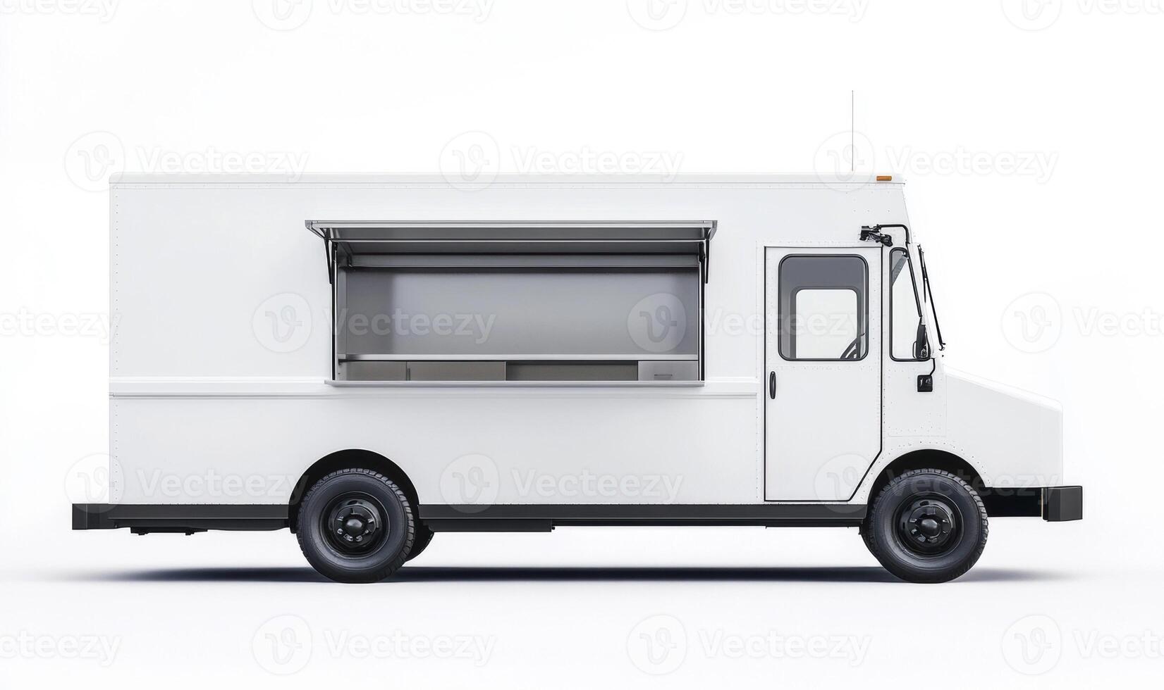 Food truck ready for service in urban setting without branding photo