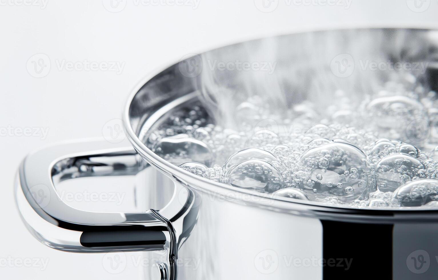 Boiling water in a stainless steel pot on a clean surface photo