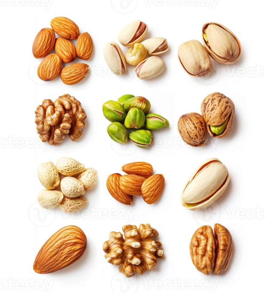 Assorted nuts displayed on a clean white surface photo