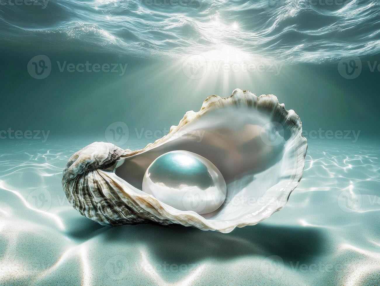 Beautiful pearl inside an open oyster shell in clear water photo