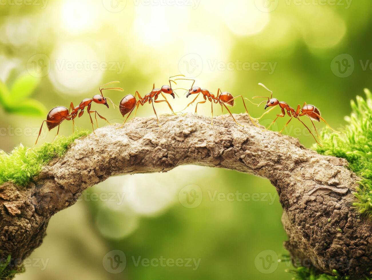 Ants crossing a small bridge in a lush green forest during daytime photo