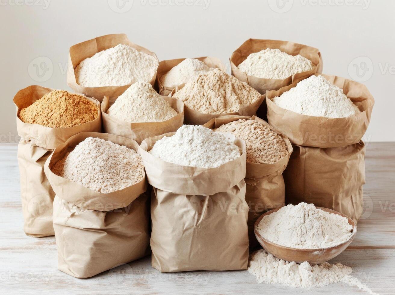 Various types of flour in paper bags neatly arranged on a table photo