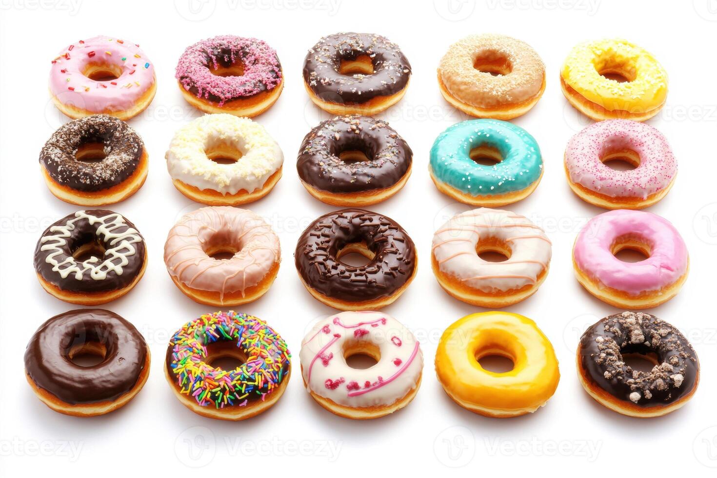 Colorful assortment of donuts arranged in a grid pattern photo