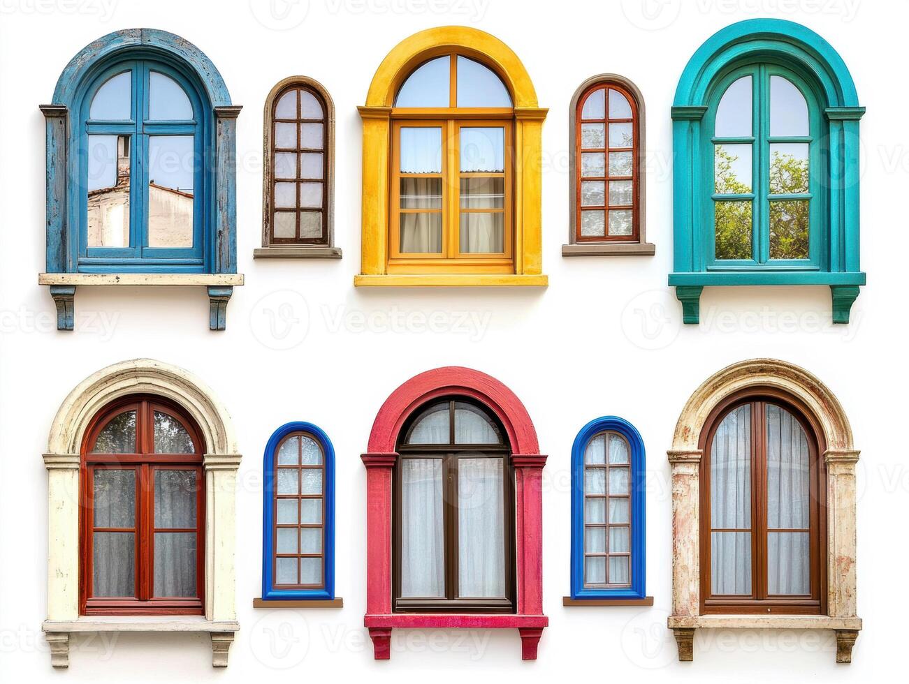 Colorful windows on a white wall create charming visual appeal photo