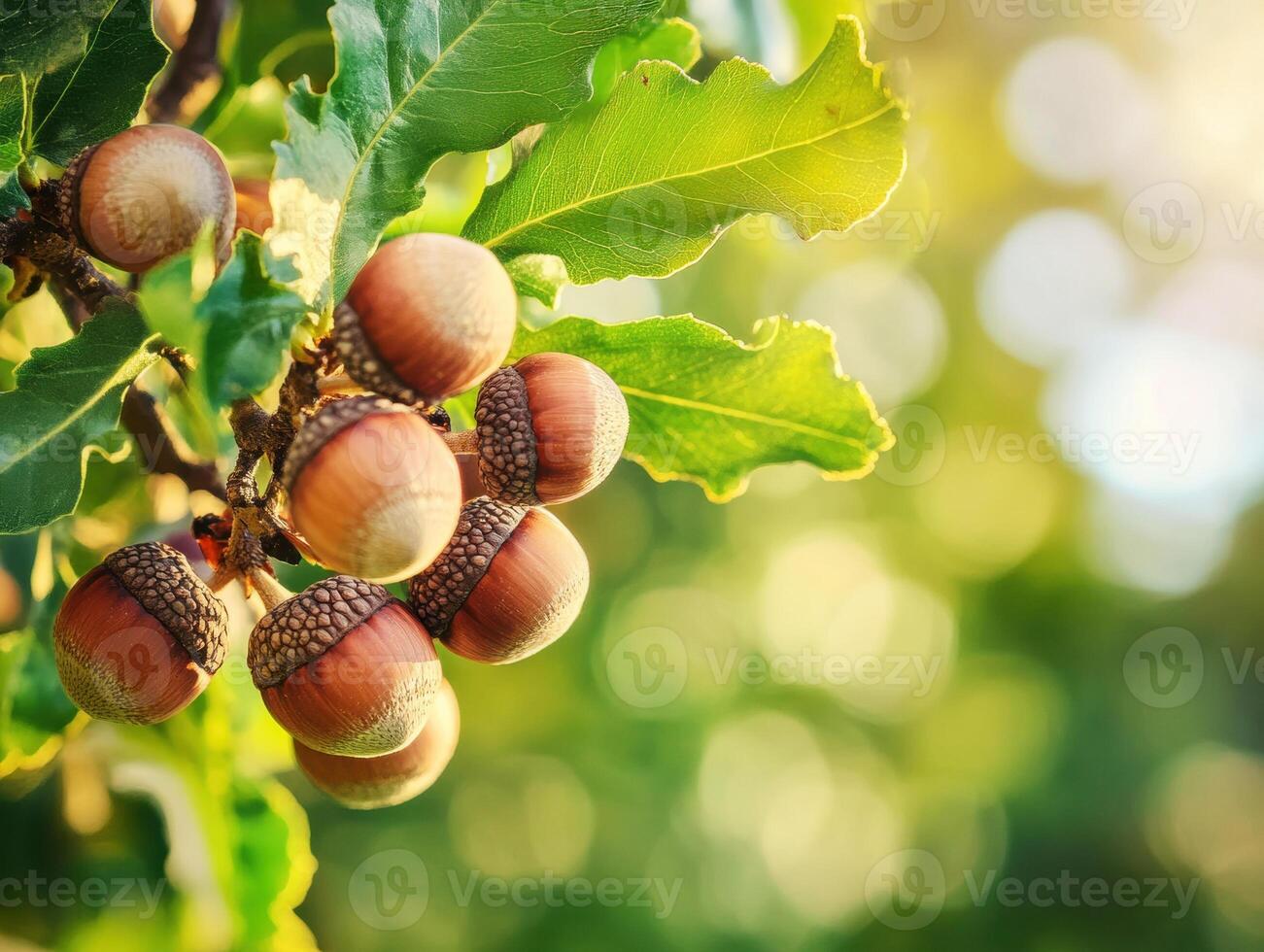 Acorns hanging from an oak tree branch in soft sunlight photo