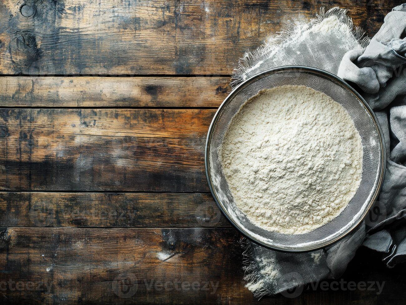 Sifting flour in a rustic kitchen setting for baking photo