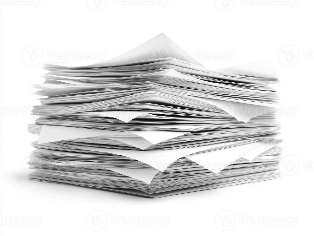 Stack of white papers piled on a clean surface in an office setting photo