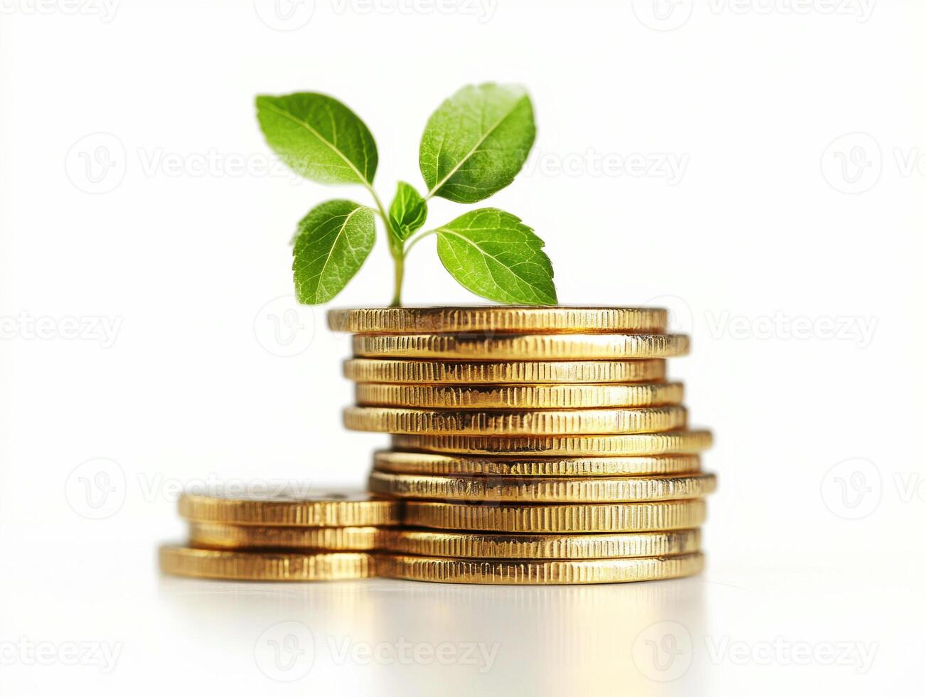 Growing investment with coins and a green plant on top photo