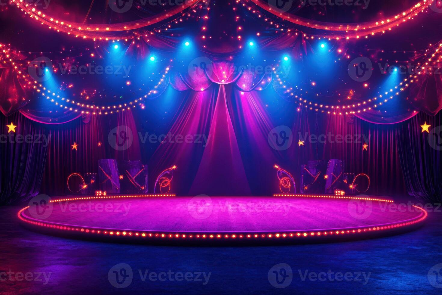 Vibrant circus stage illuminated with colorful lights at night photo