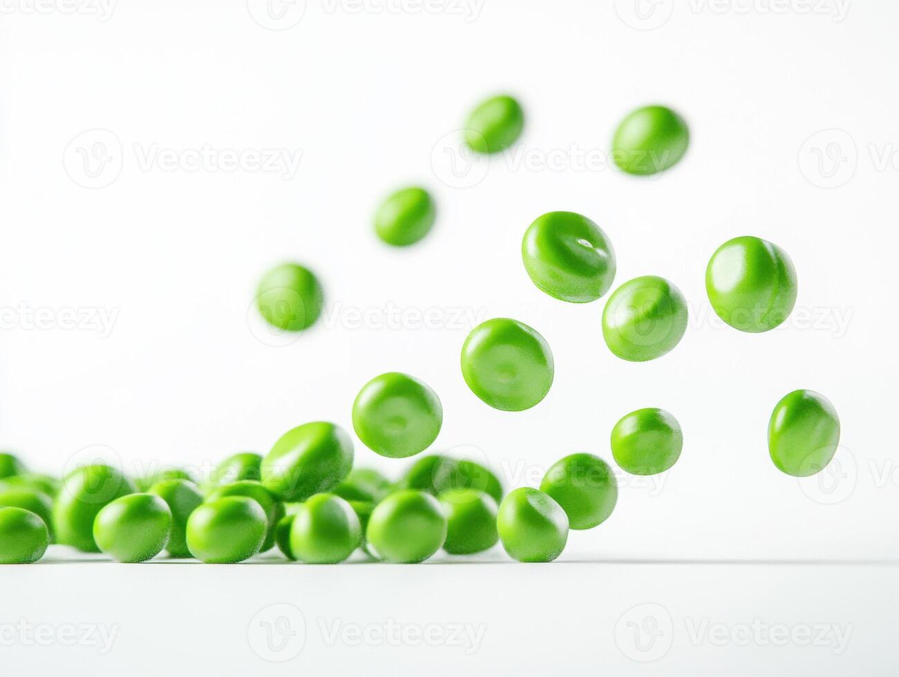 Green peas scattered and floating on a plain background photo