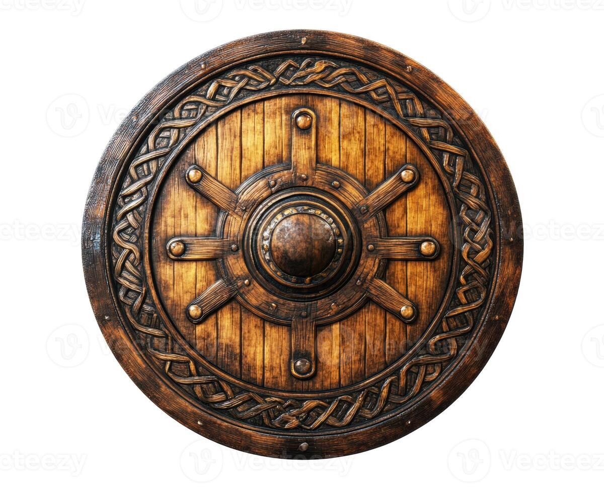 Detailed wooden shield with intricate patterns and metal accents photo