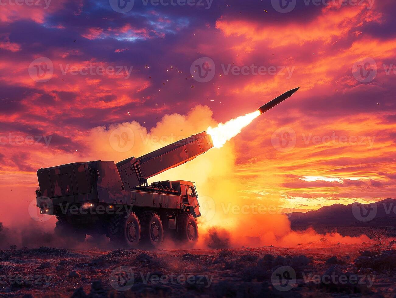 Military vehicle launches missile at sunset in dramatic skies photo