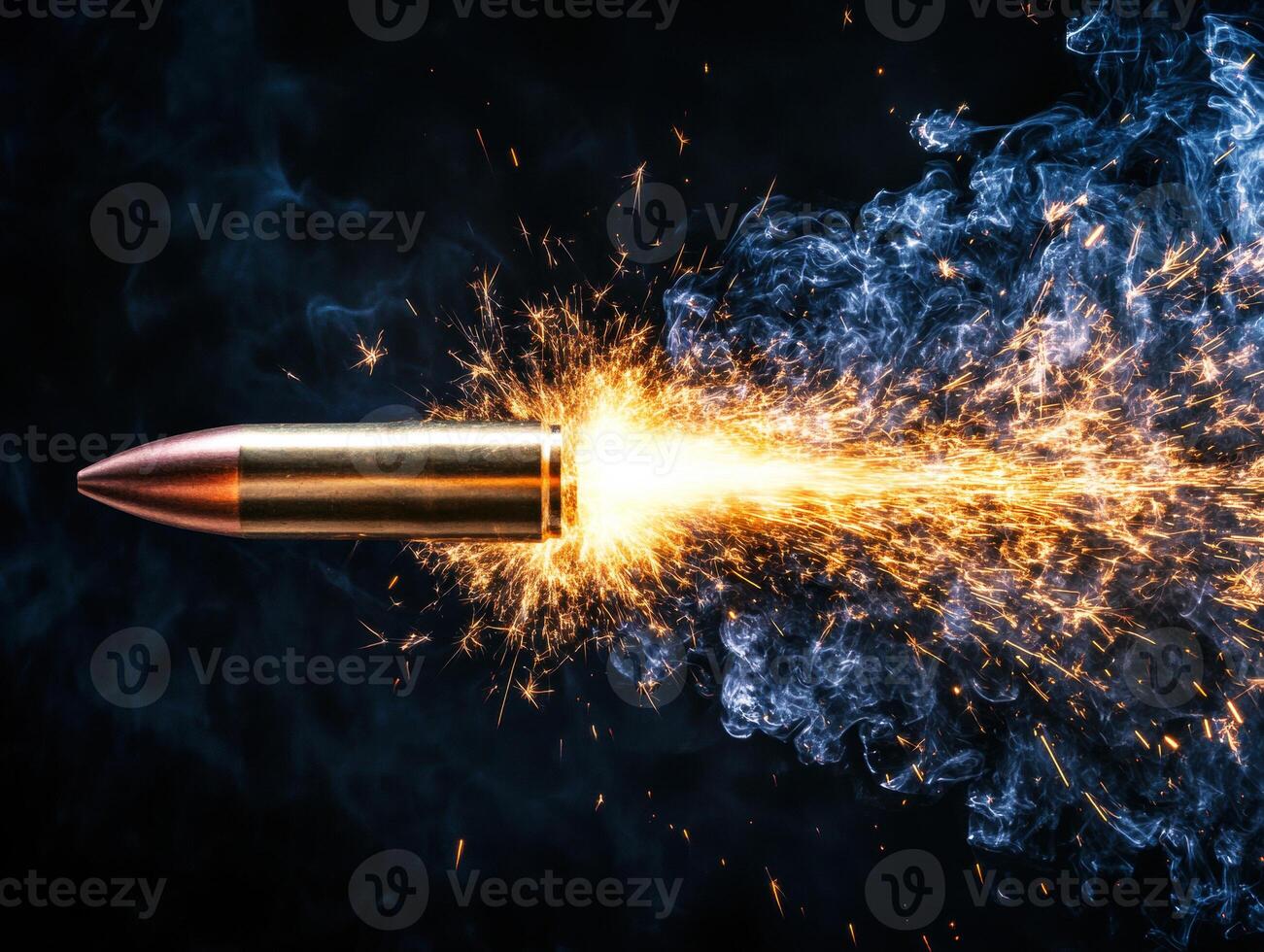 Bullet in motion with sparks and smoke in a dark background photo