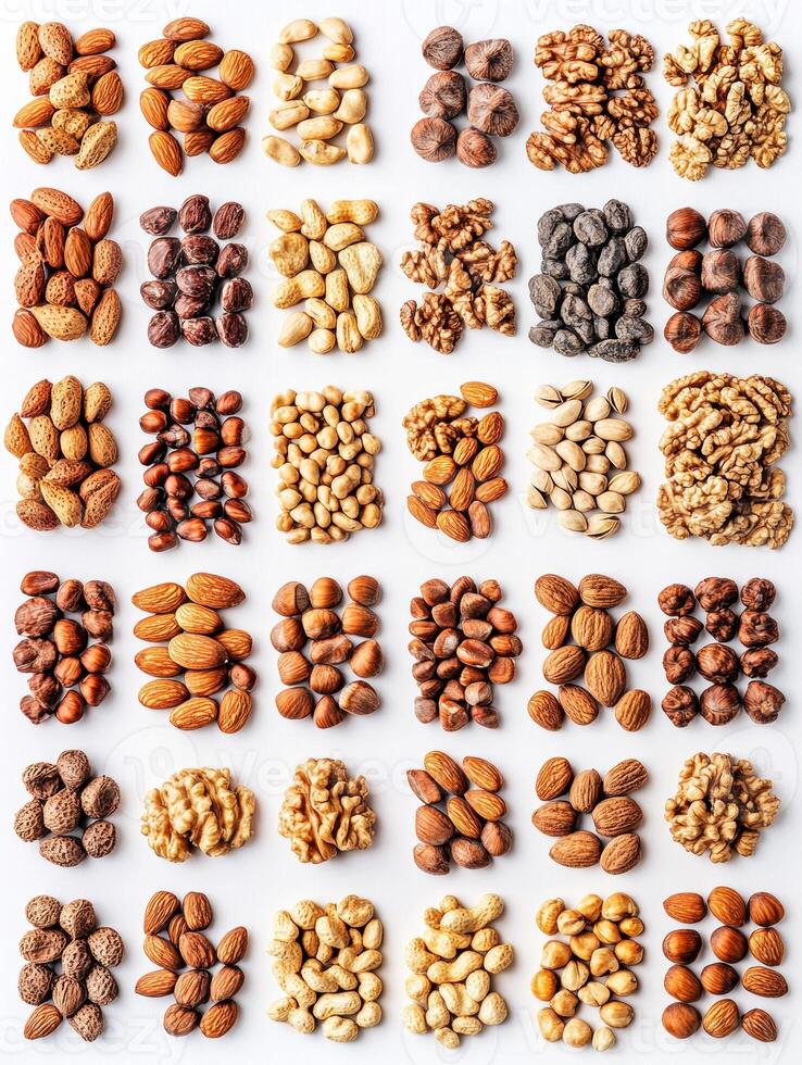 Various types of nuts and seeds arranged in an organized display photo