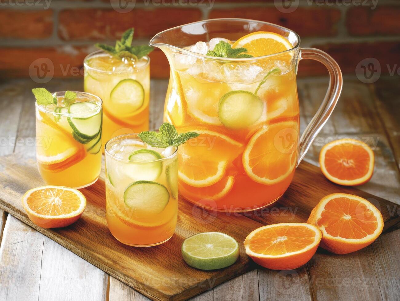 Refreshing citrus punch served in a pitcher with garnished glasses photo